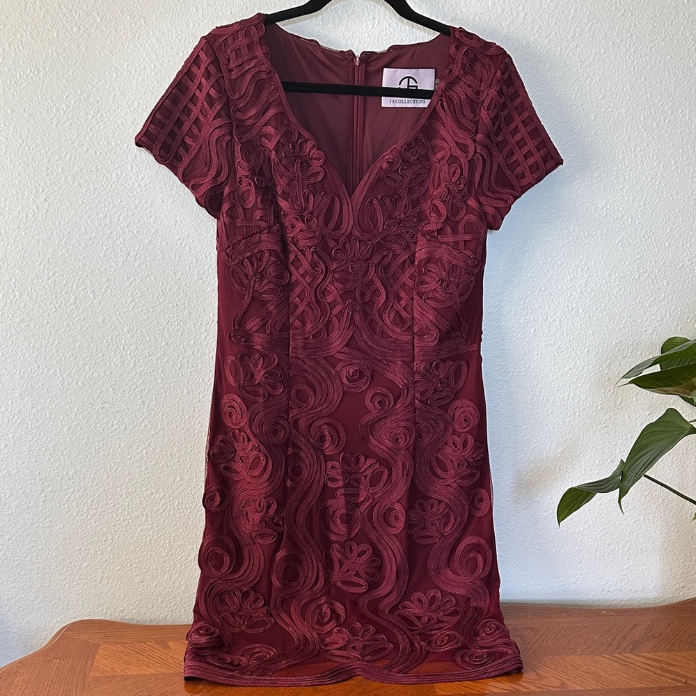 JS Collections Burgundy Embroidered Mesh Cocktail Dress Size 8